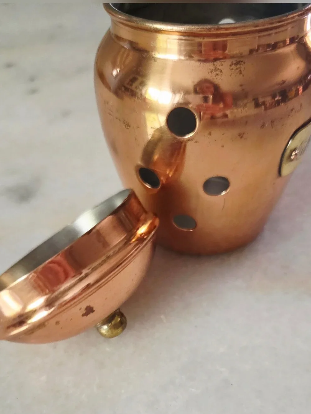 Vintage Copper Garlic Keeper Storage Jar + Lid, Brass Plaque, Ventilation Holes
